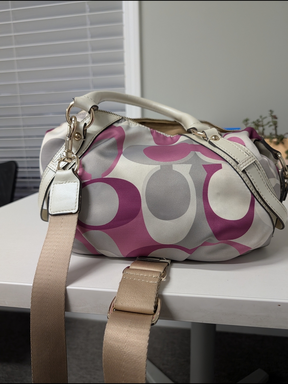 Coach Pink Signature Satchel Bag with Cream Accents